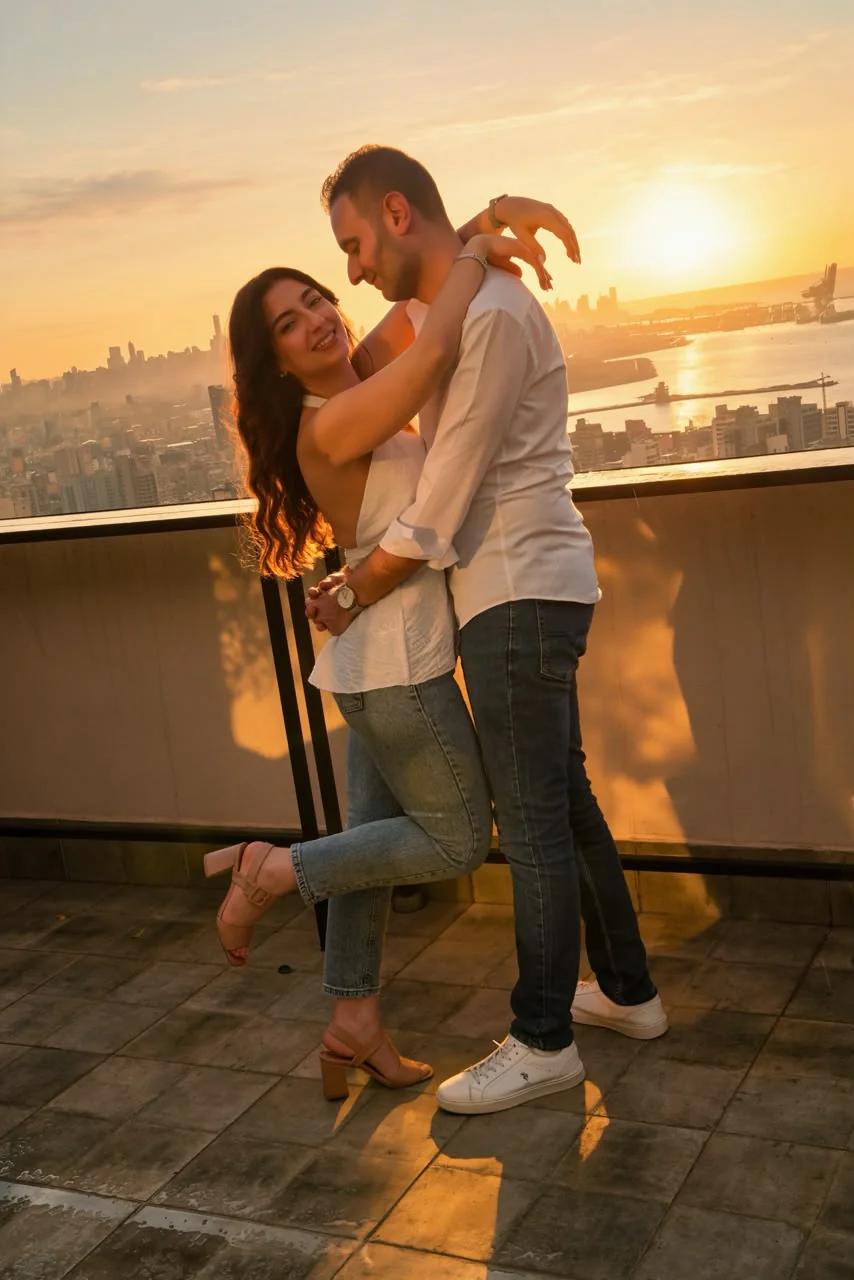 Léa and Elie embracing on a rooftop at sunset